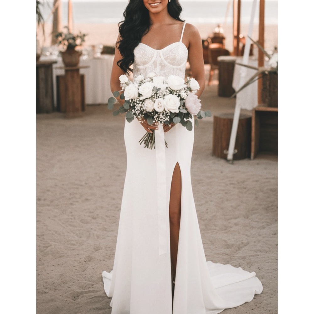 Lulus Elevated Glamour White Satin Sequin Bustier Mermaid Maxi Wedding Dress